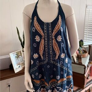 Navy Halter Embroidered Maxi Dress - Boho Floral